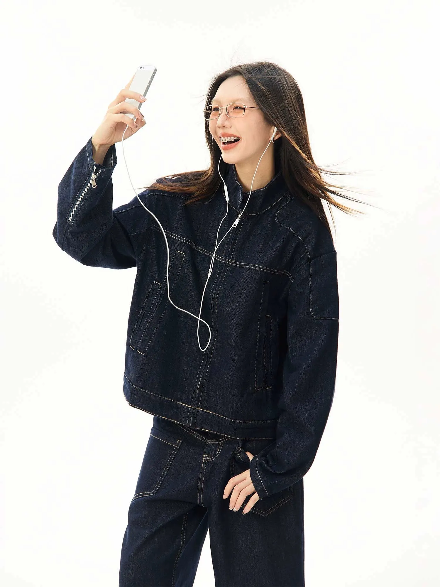 Oversized Contrast Stitch Denim Zip Jacket