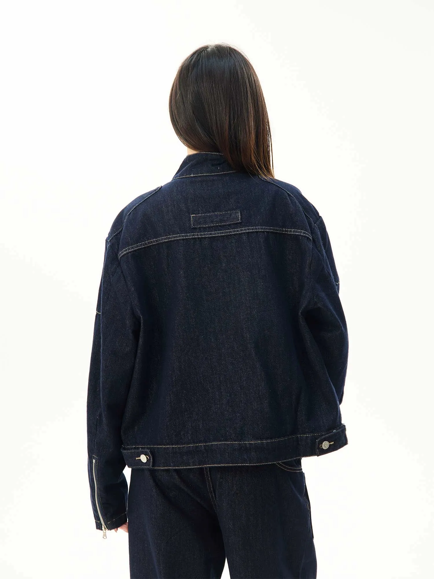 Oversized Contrast Stitch Denim Zip Jacket