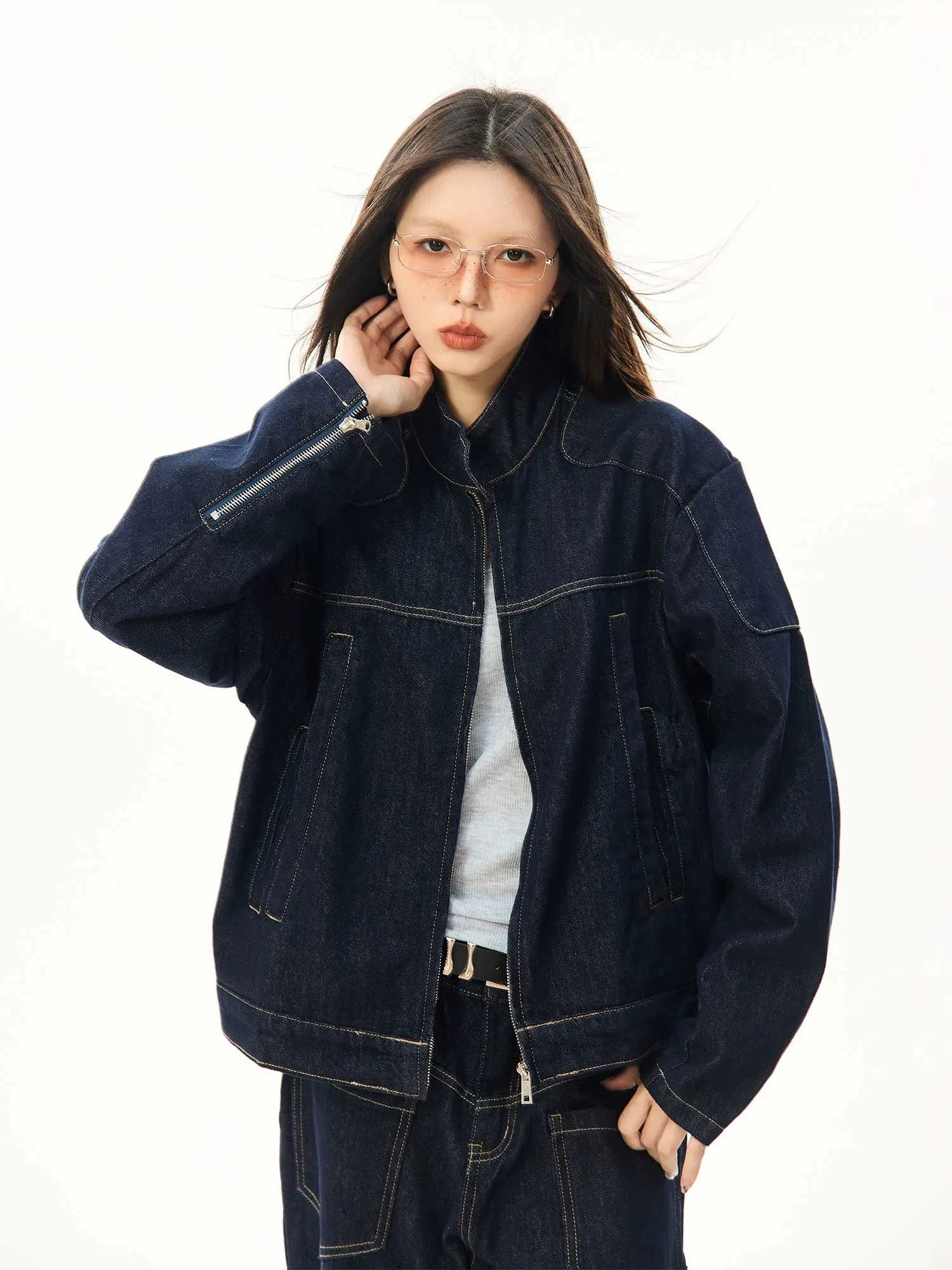 Oversized Contrast Stitch Denim Zip Jacket