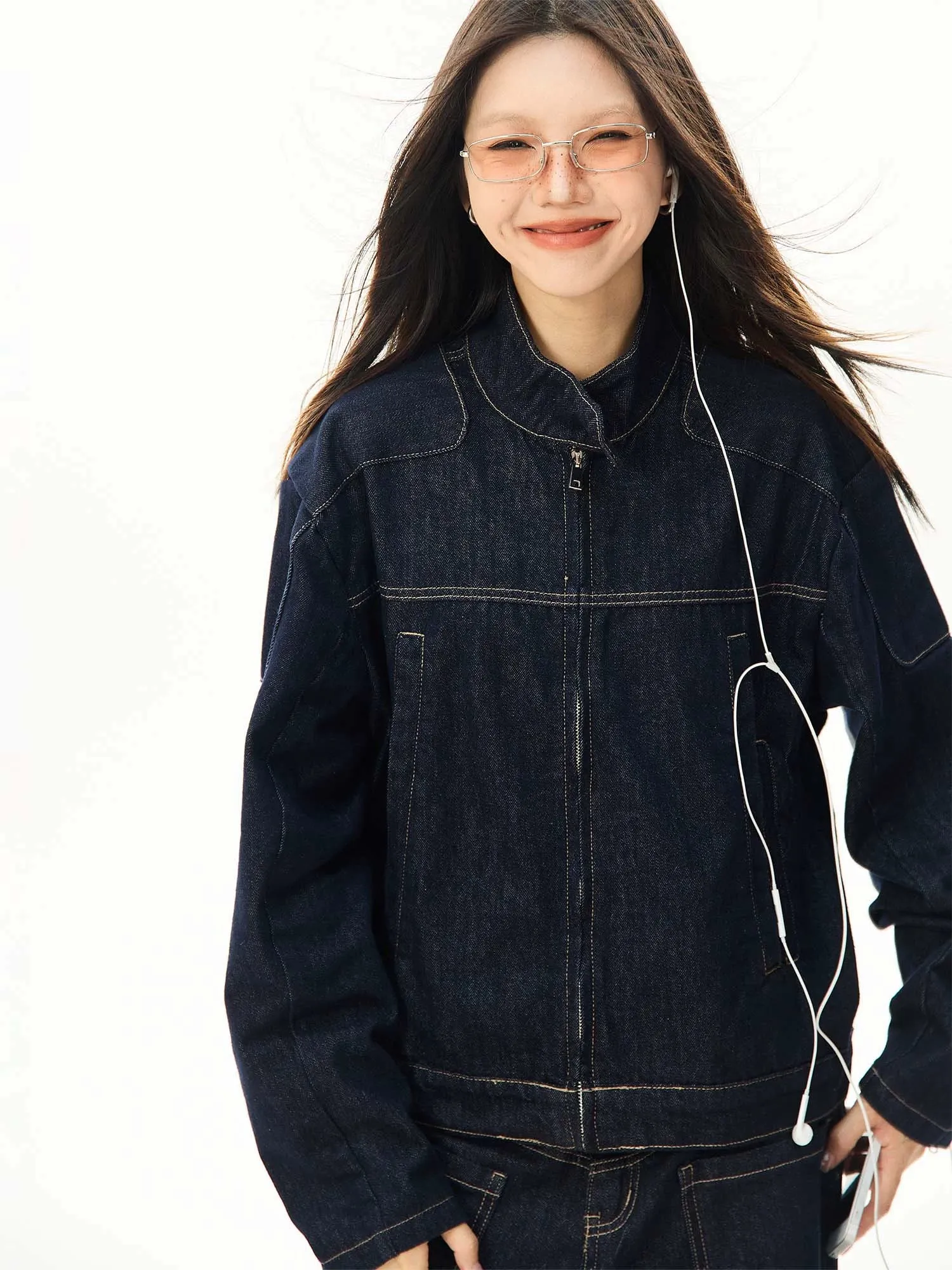 Oversized Contrast Stitch Denim Zip Jacket