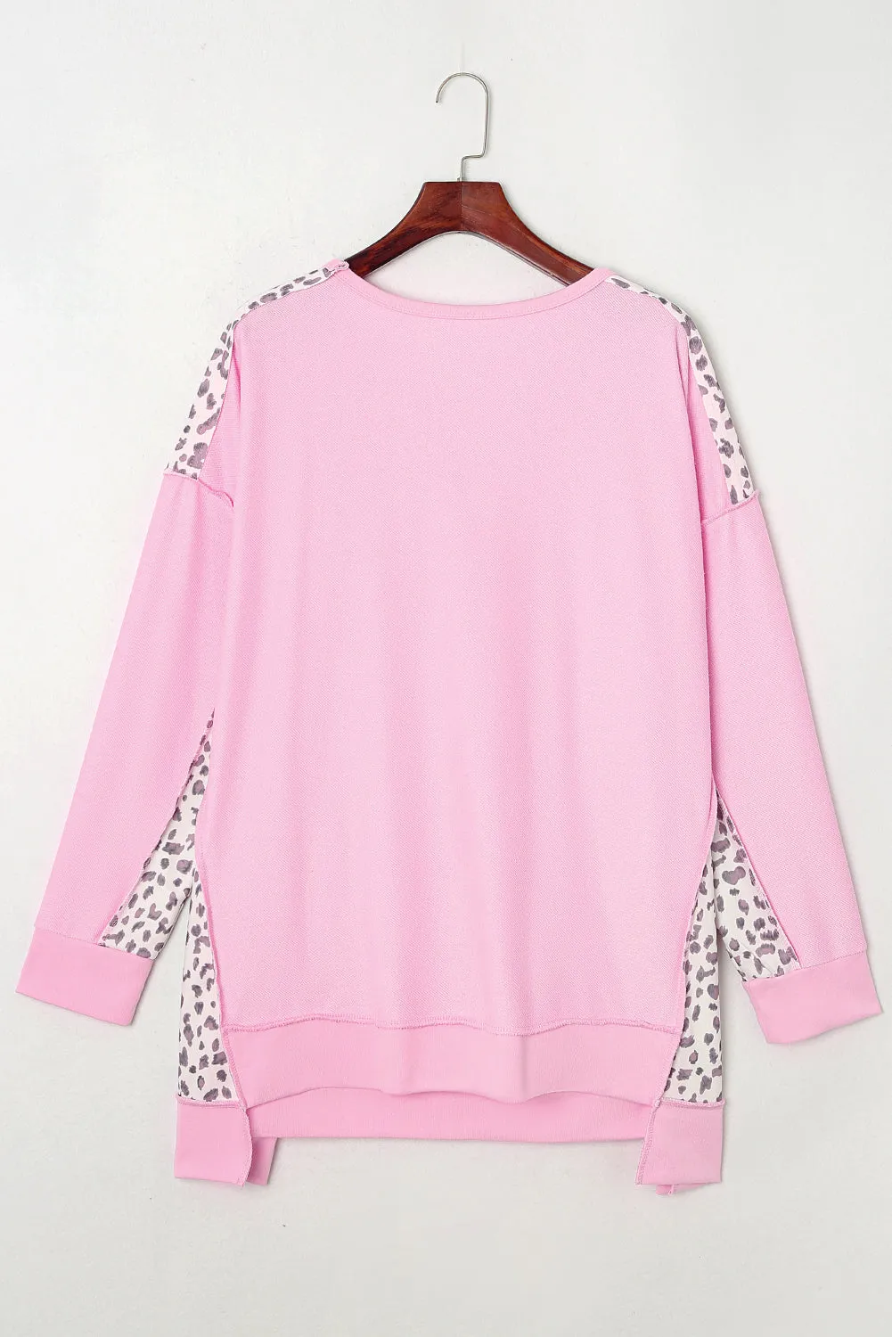 Pink Leopard Splicing Plus Size Sweatshirt with Exposed Seams