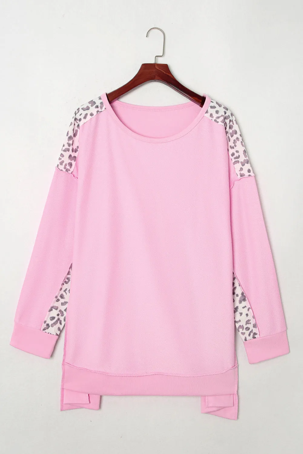 Pink Leopard Splicing Plus Size Sweatshirt with Exposed Seams