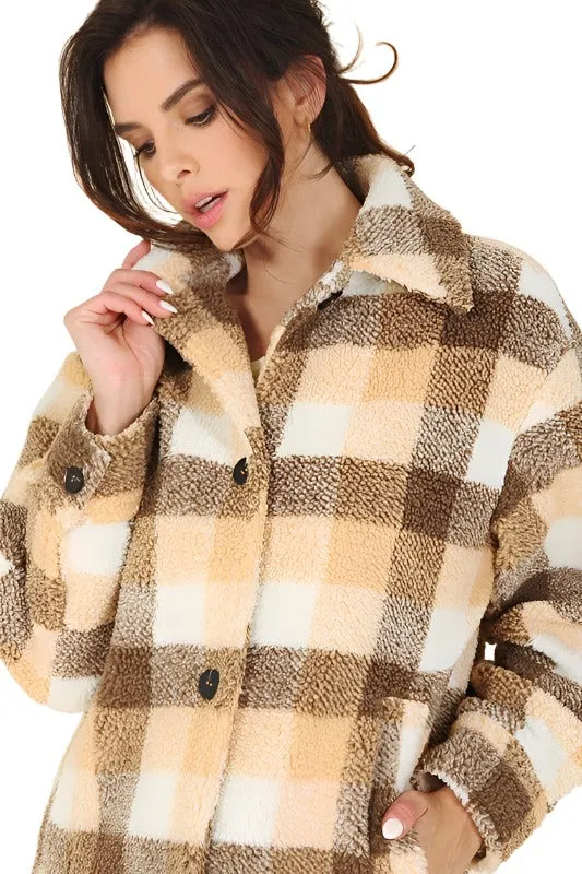 Plaid sherpa jacket with pockets