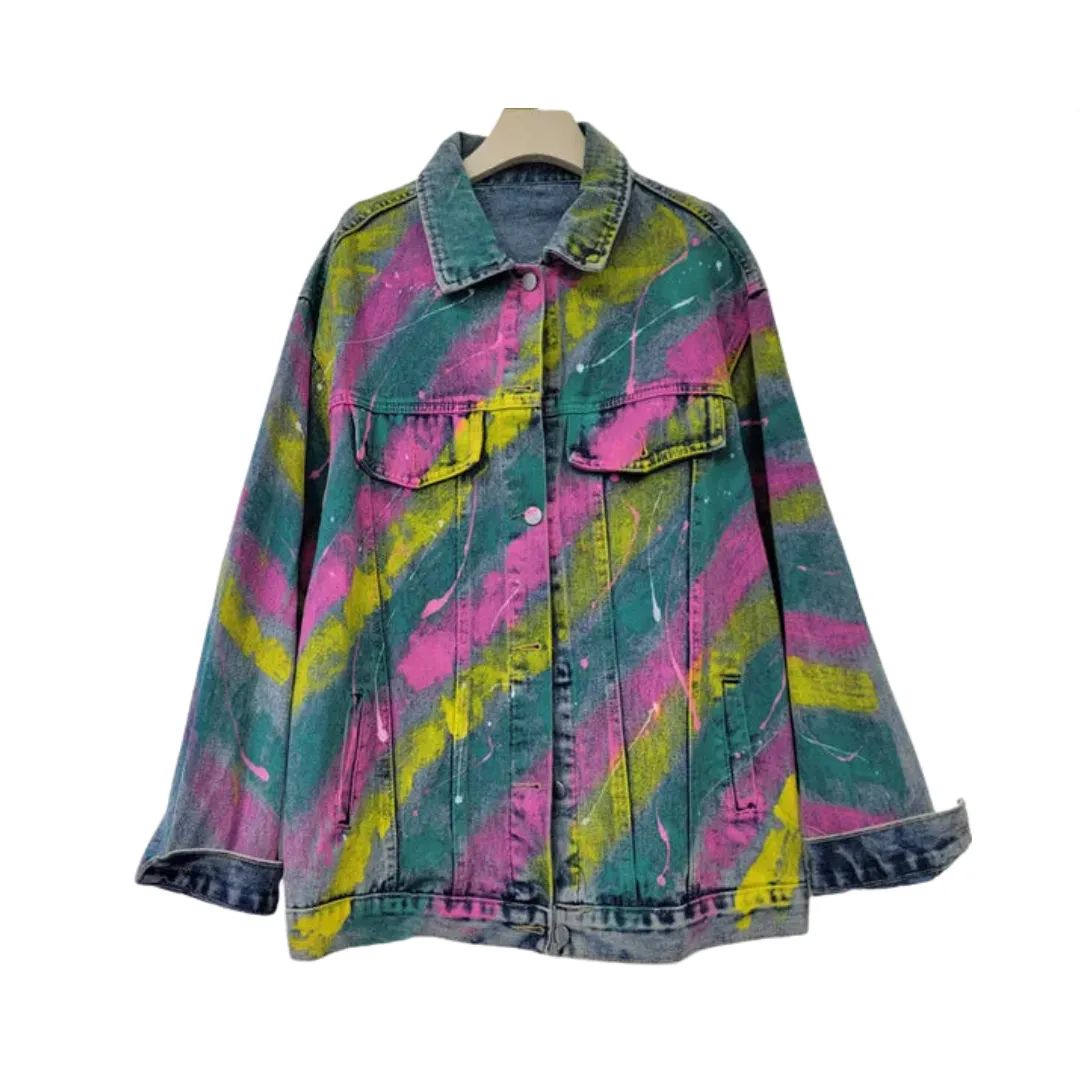 Pre Order:  Diamond Inlaid Letter Spray Painted Denim Jacket