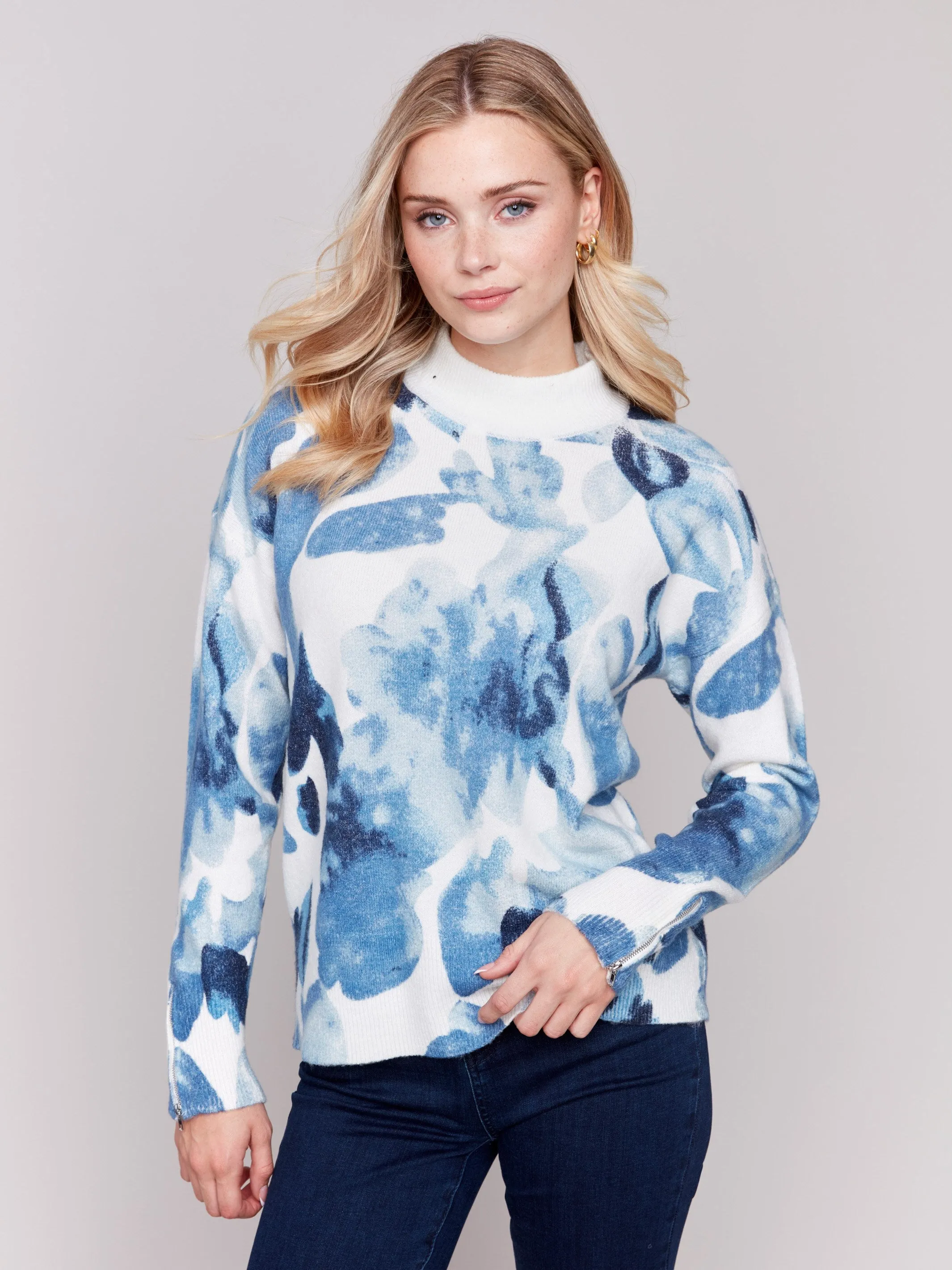 Printed Mock Neck Sweater with Sleeve Zippers - Navy Storm