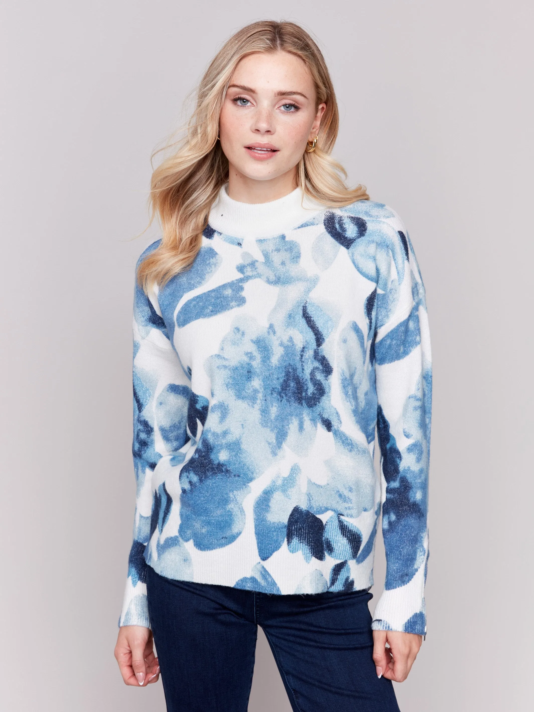 Printed Mock Neck Sweater with Sleeve Zippers - Navy Storm