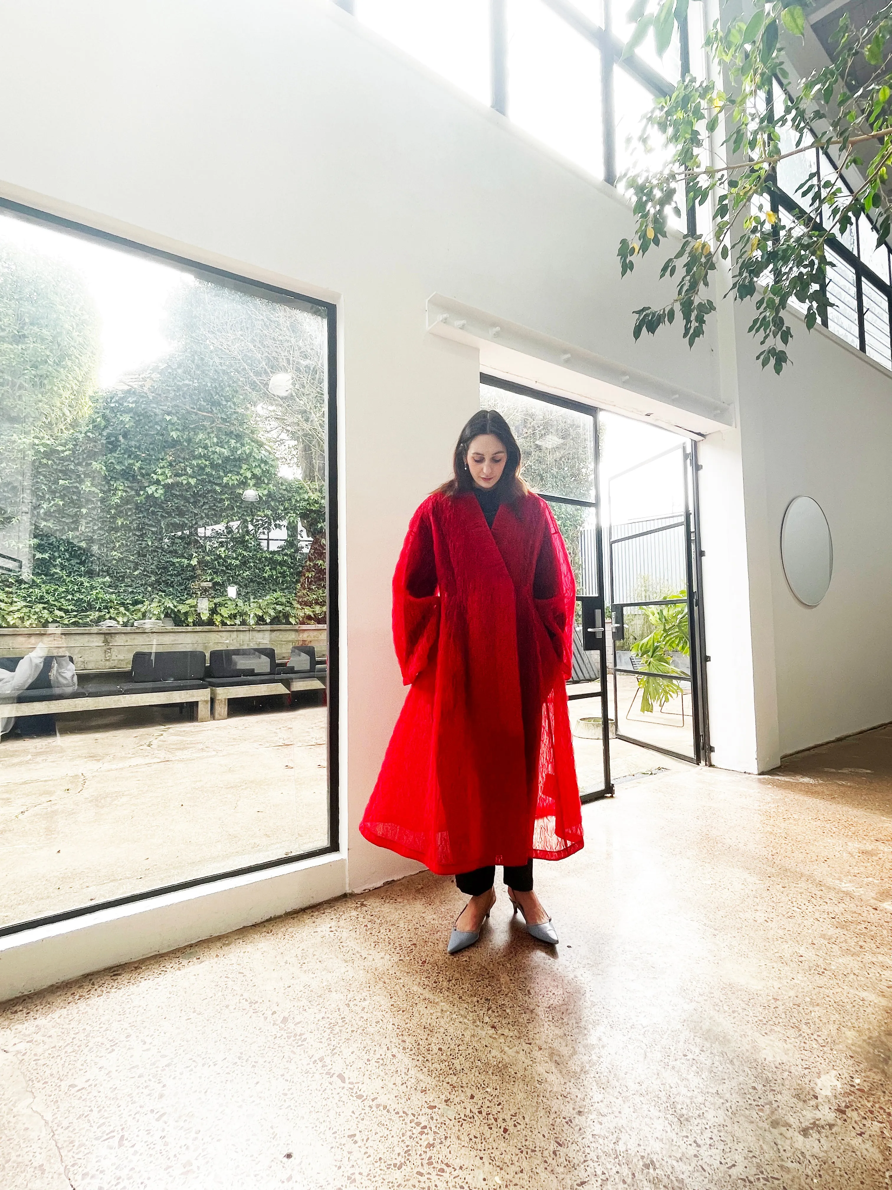 Quilted French Tulle Coat in Empress Red