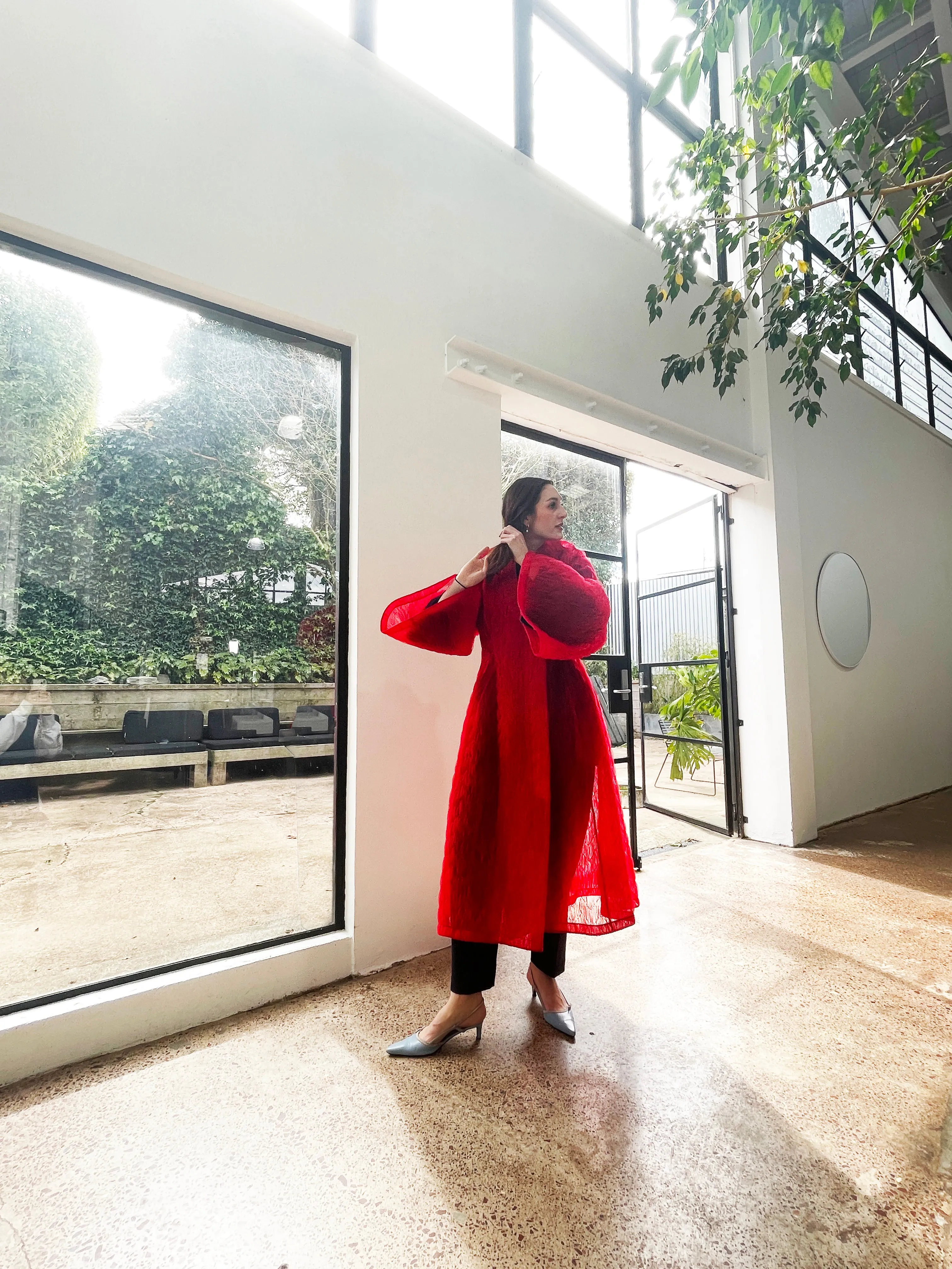 Quilted French Tulle Coat in Empress Red