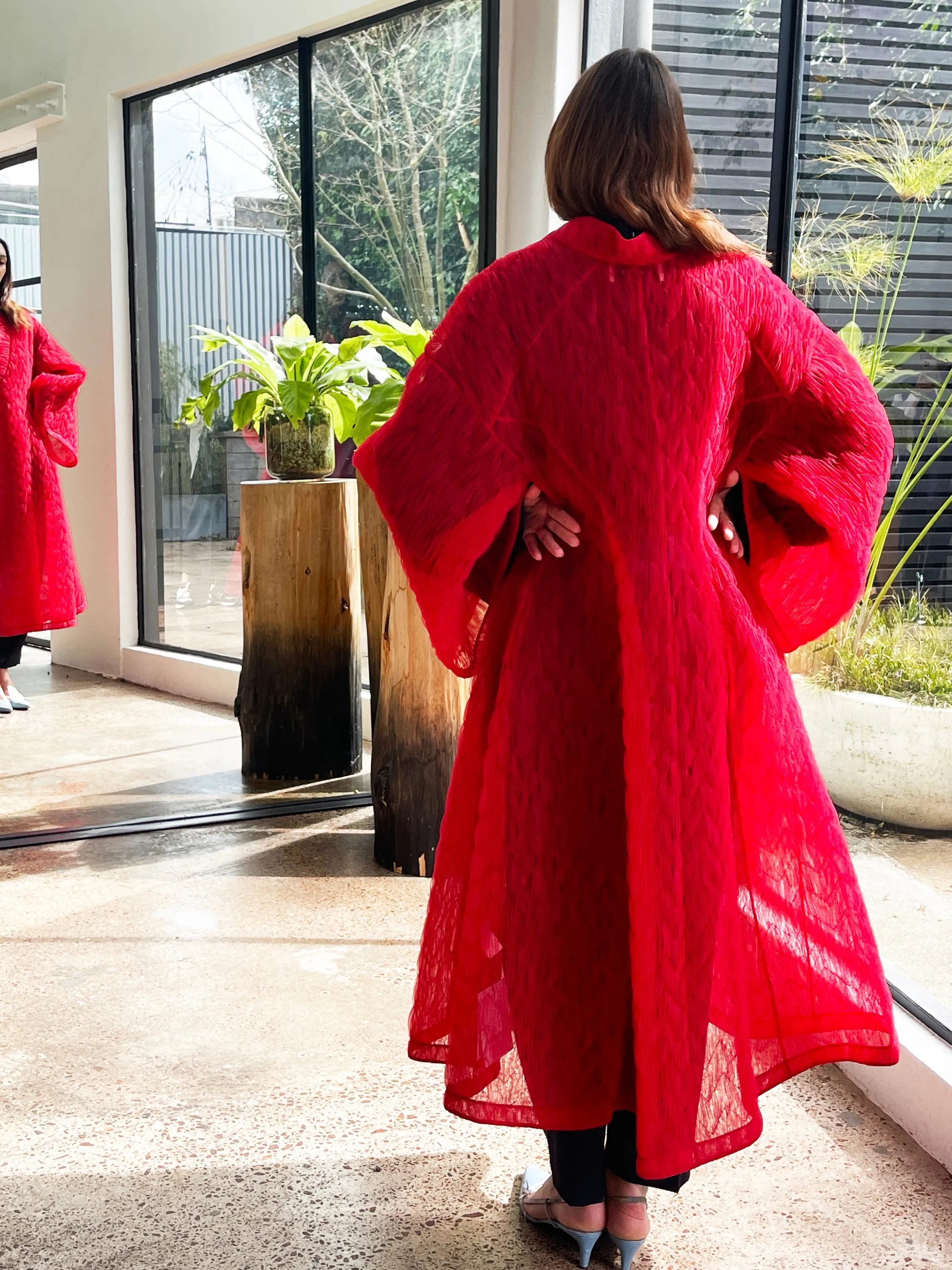 Quilted French Tulle Coat in Empress Red