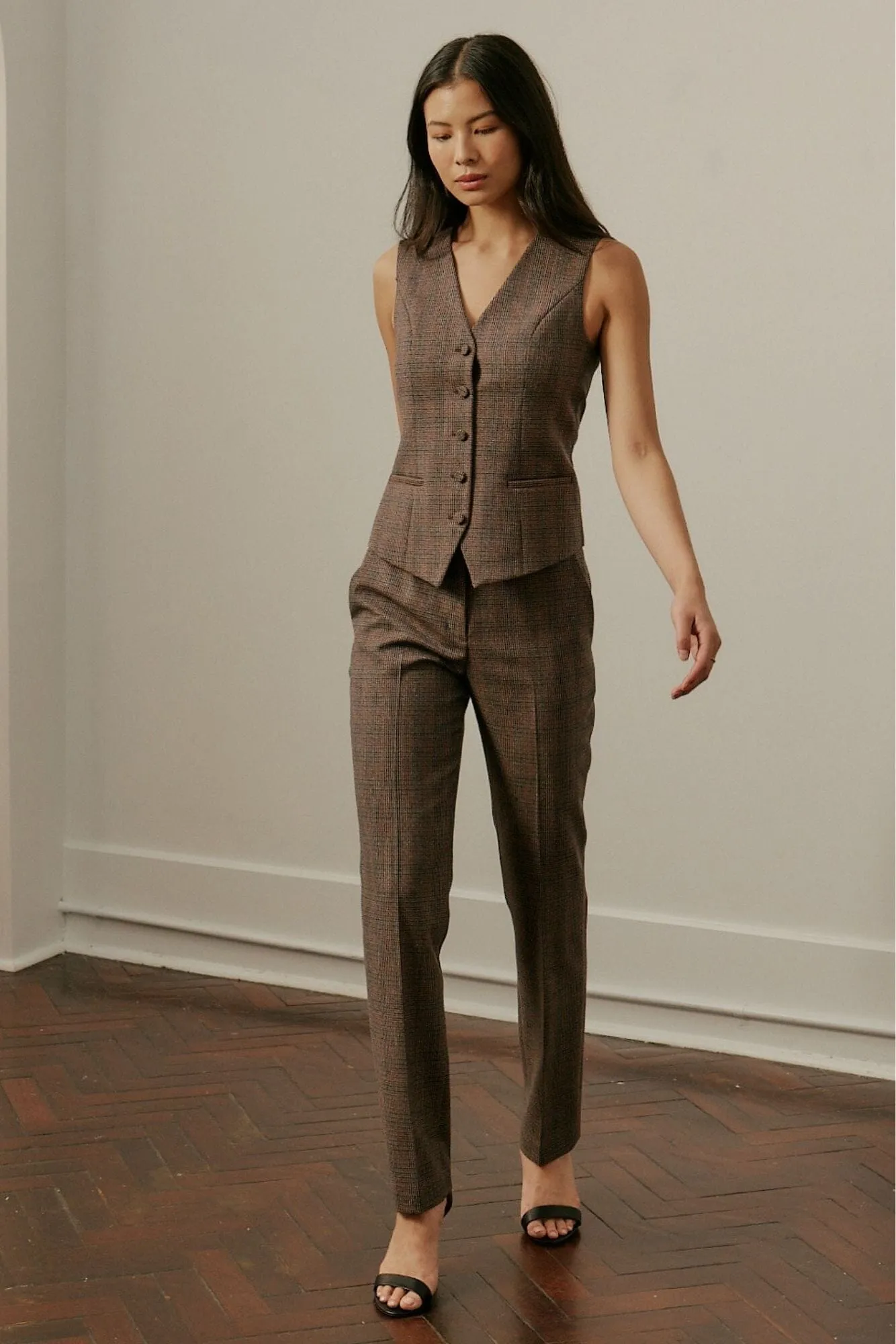 Rachel 5 Button Vest - Brown and Orange Tweed