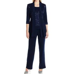 R&M Richards Two PC Lace and Sequin Pant Set with Matching Jacket Navy