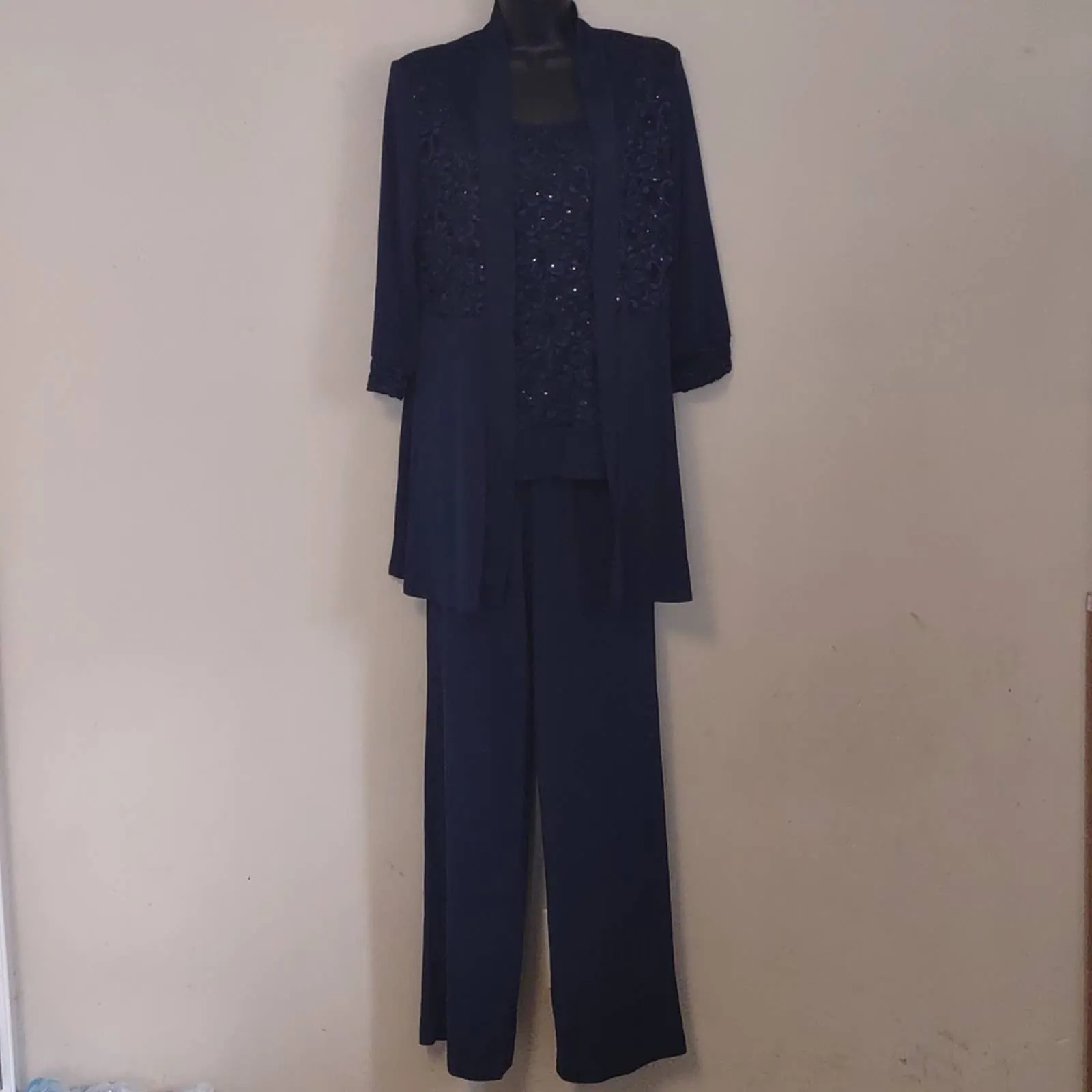 R&M Richards Two PC Lace and Sequin Pant Set with Matching Jacket Navy