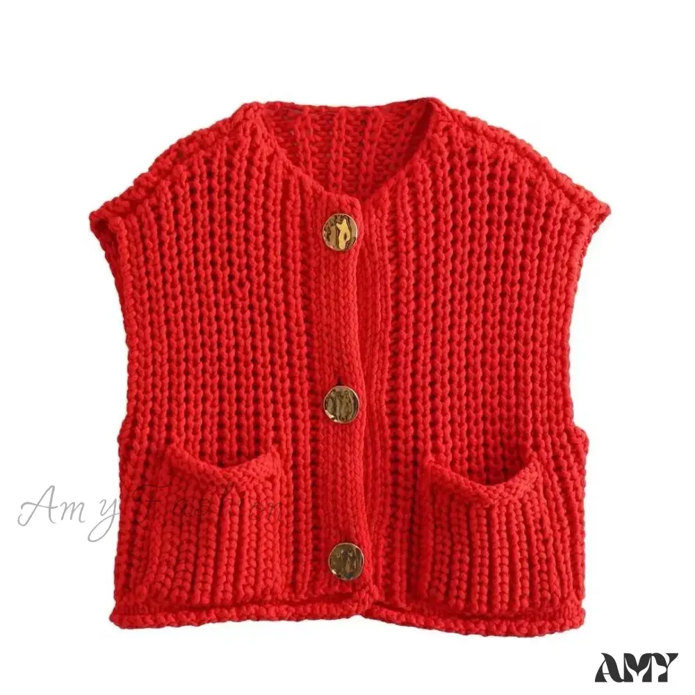 Red Sleeveless Sexy Single Breasted Vest Fashion Casual Sweater