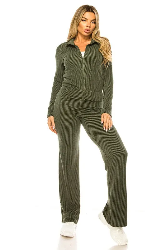 Ribbed Wide Leg Pant and Zip Up