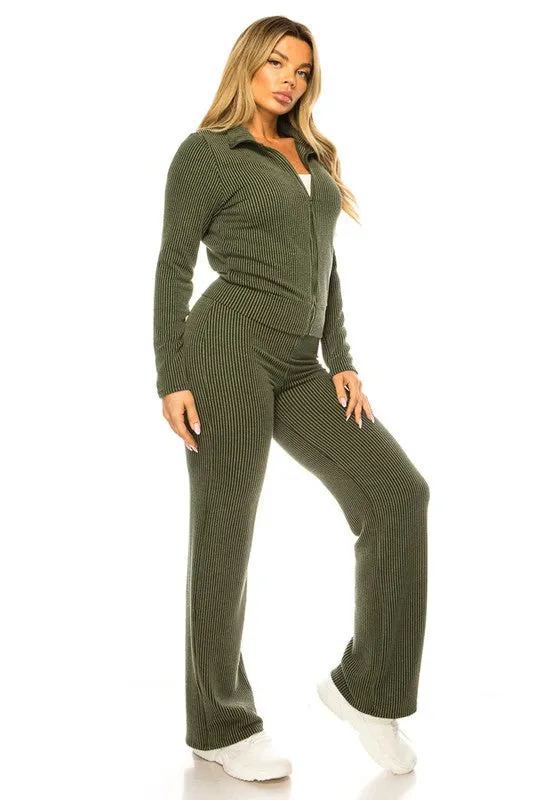 Ribbed Wide Leg Pant and Zip Up