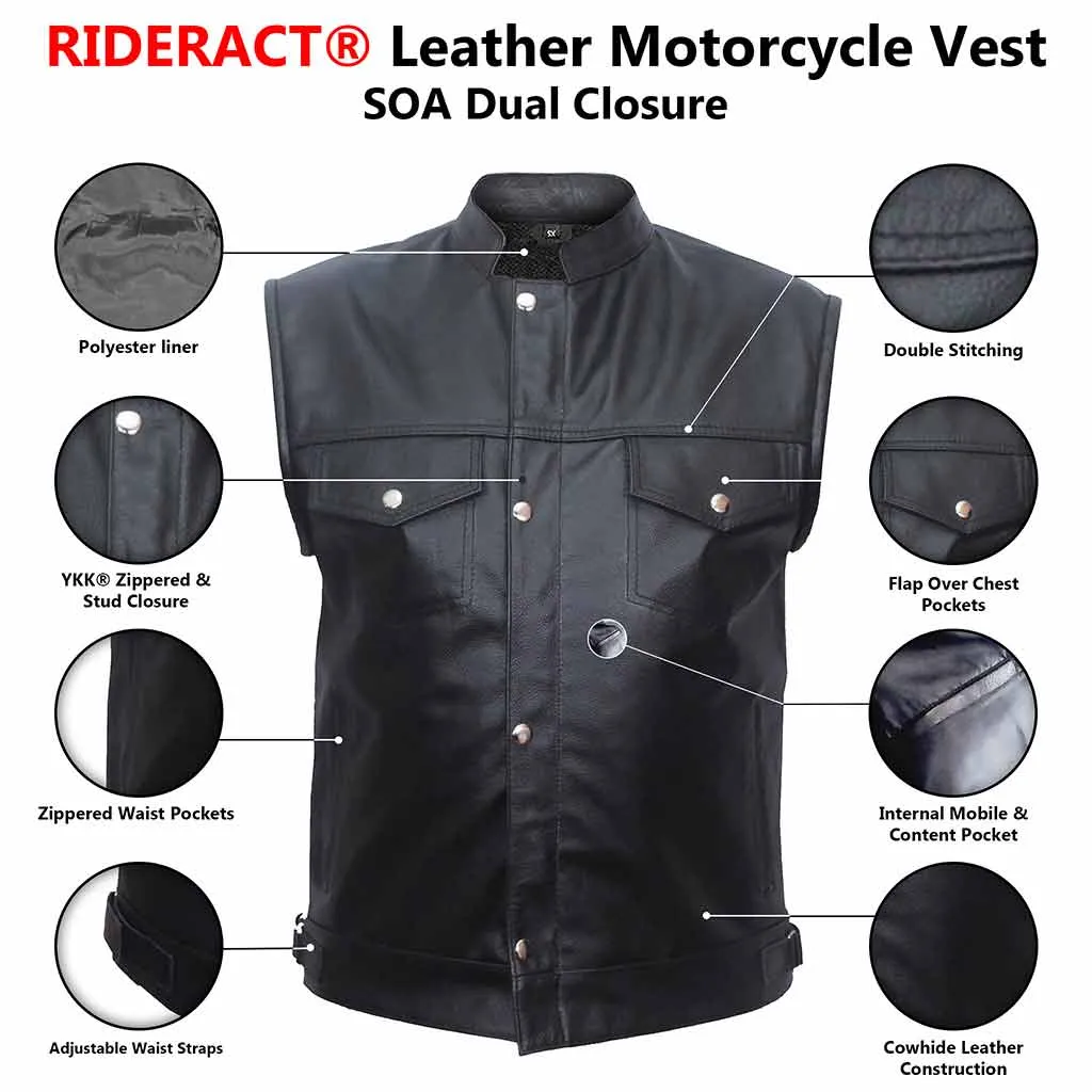 RIDERACT® Leather Motorcycle Vest SOA Button & Zipper Dual Closure