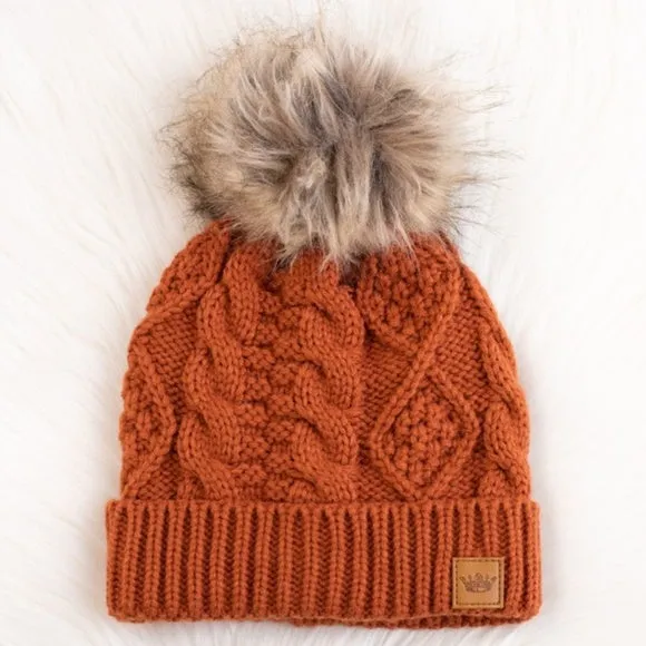 Rust Orange Cable Knit Faux Fur Pompom Fleece Lined Women's Winter Beanie Hat