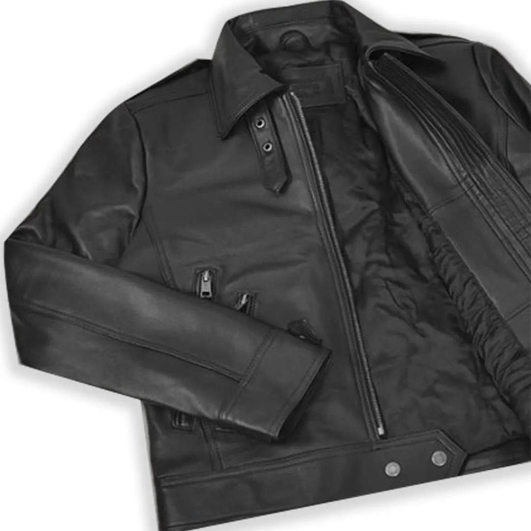 Scott Black Belted Leather Bomber Jacket