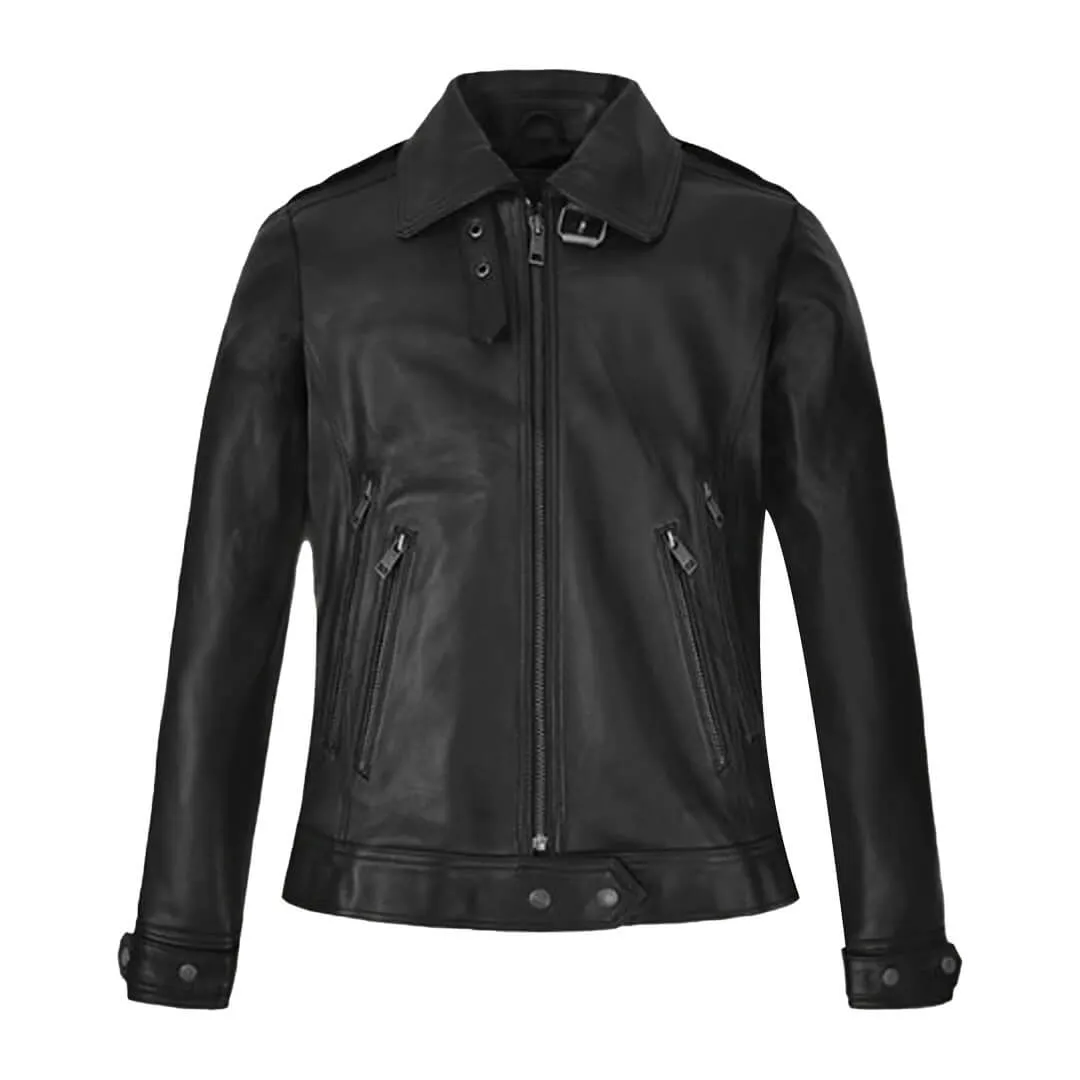 Scott Black Belted Leather Bomber Jacket