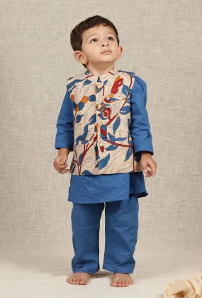 Set Of 3: Aric Blue Cotton Kurta, Pyjama & Beige Cream Kalamkari Nehru Jacket