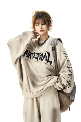 Slouchy Wash Distressed Embroidered Sweatshirt Oversize Wasteland Style Pullover Top