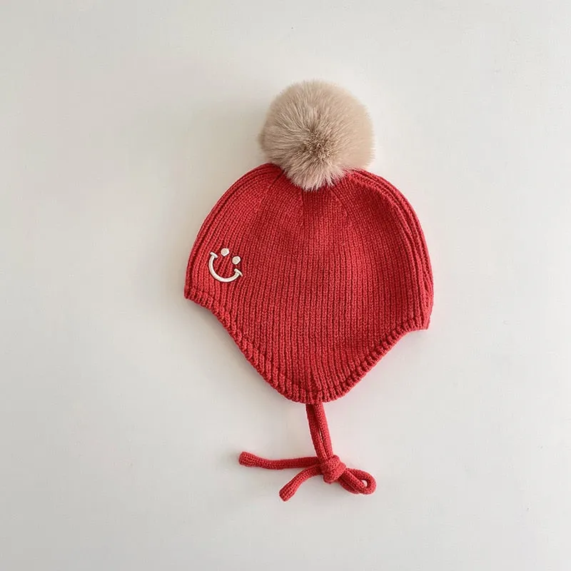 Smiley Face Pompom Baby Hat