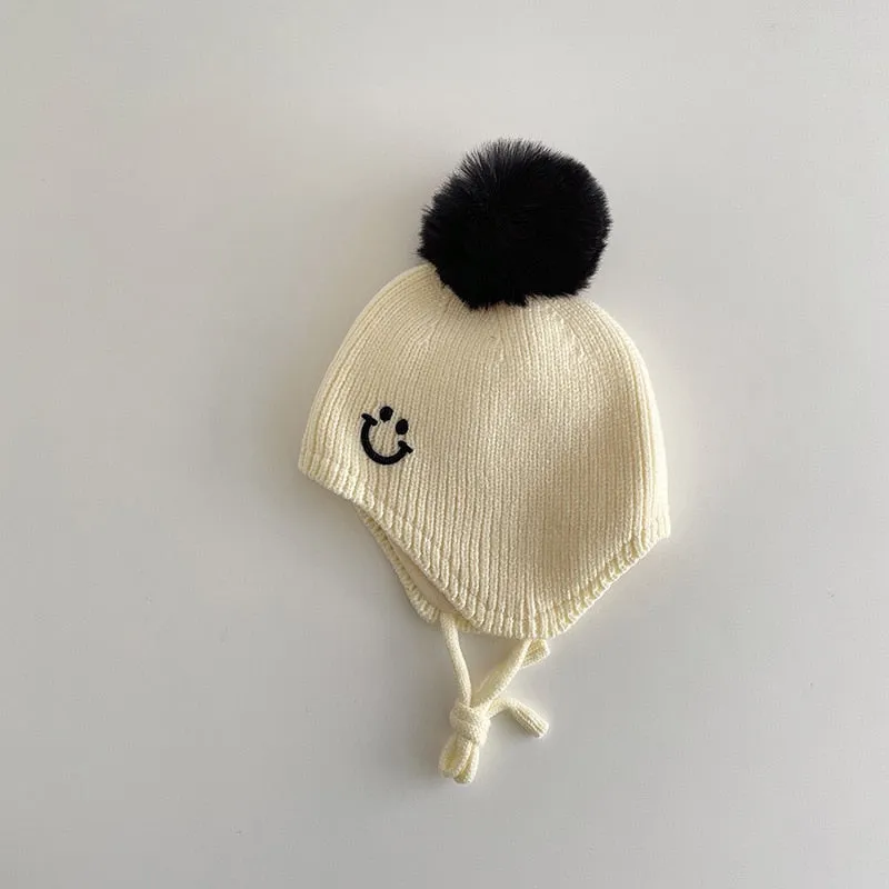 Smiley Face Pompom Baby Hat