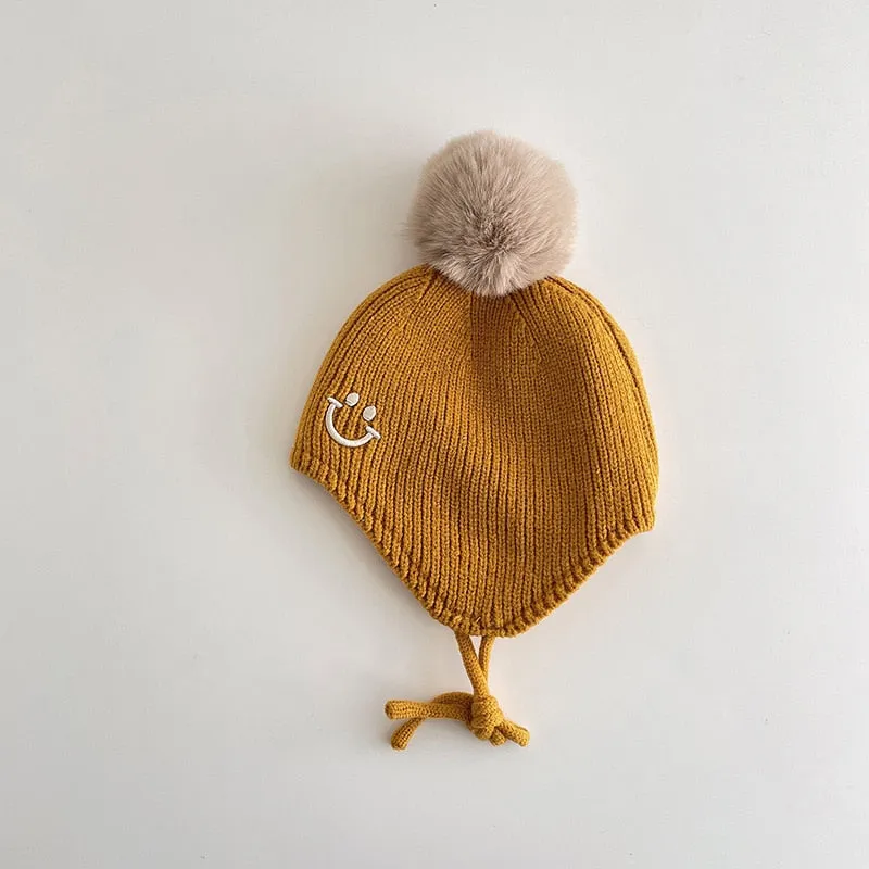 Smiley Face Pompom Baby Hat