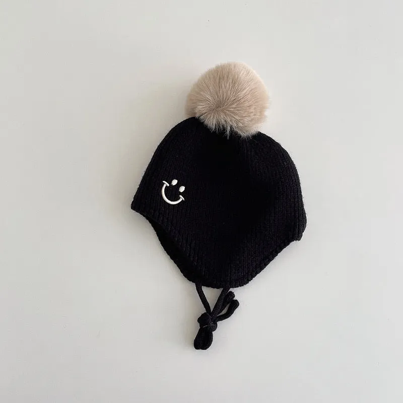 Smiley Face Pompom Baby Hat