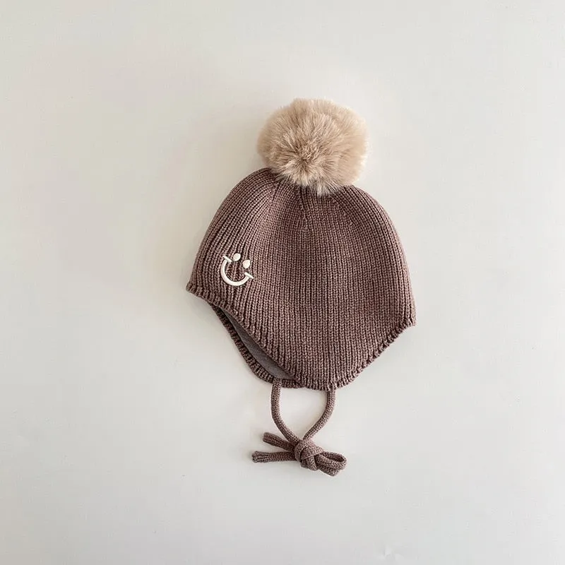 Smiley Face Pompom Baby Hat