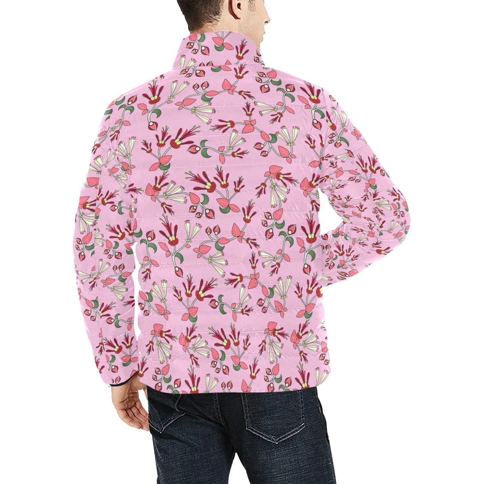 Strawberry Floral Men's Stand Collar Padded Jacket