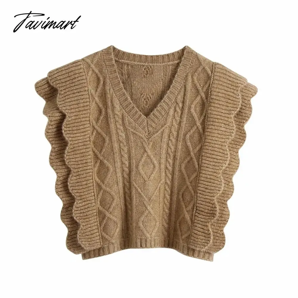 Tavimart Women Elegant Twist Ruffle Trims Armhole Cable Knitted Sweater Vest Vintage Chaleco Mujer Female Waistcoat Chic Top