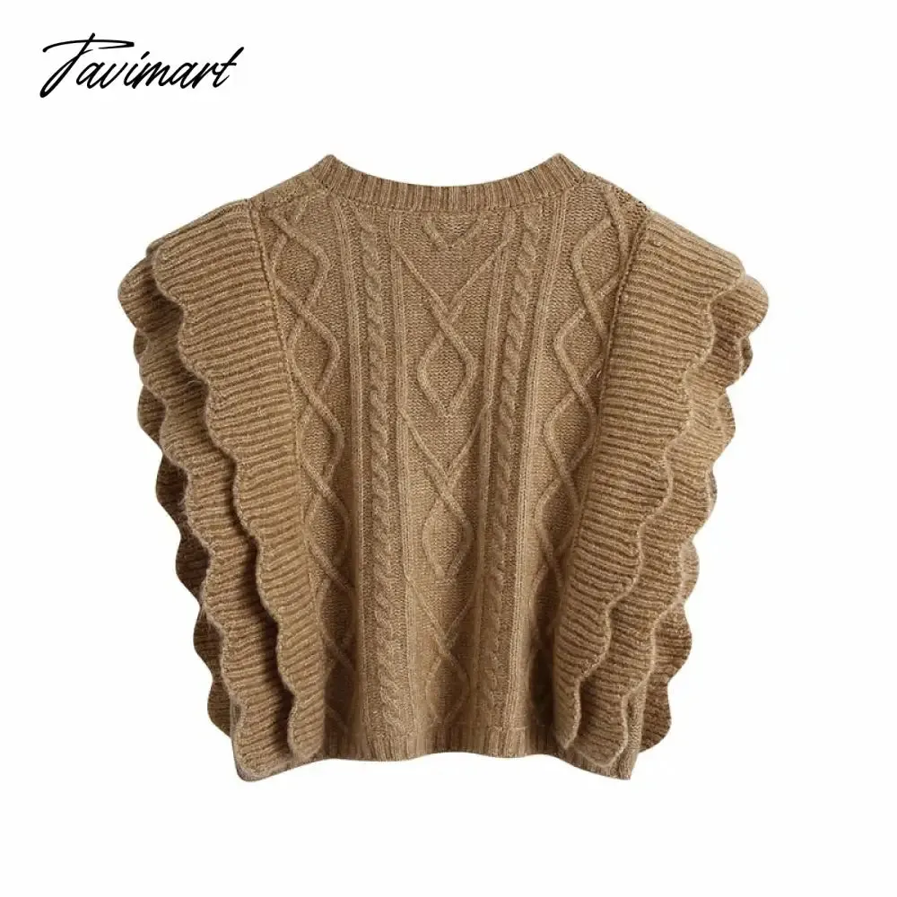 Tavimart Women Elegant Twist Ruffle Trims Armhole Cable Knitted Sweater Vest Vintage Chaleco Mujer Female Waistcoat Chic Top