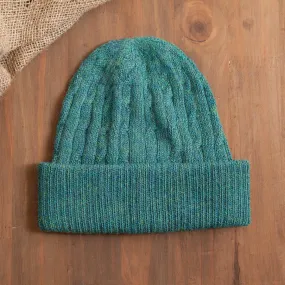 Teal 100% Alpaca Cable Pattern Soft Knit Hat From Peru - Comfy in Teal | NOVICA