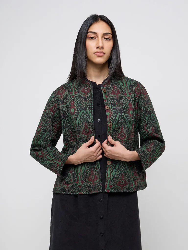 Utsa Green Ikat Design Cotton Quilted Jacket