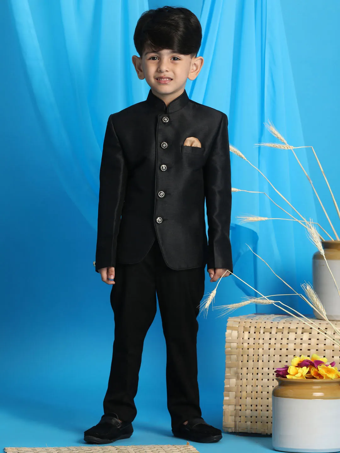 VASTRAMAY Boy's Black Silk Blend Jodhpuri