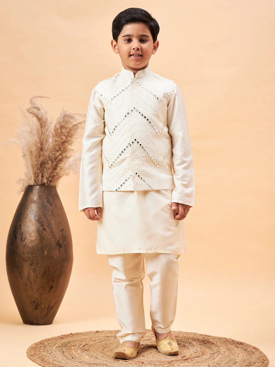 VASTRAMAY Boy's Cream Mirror Work Jacket And Solid Kurta Pyjama Set