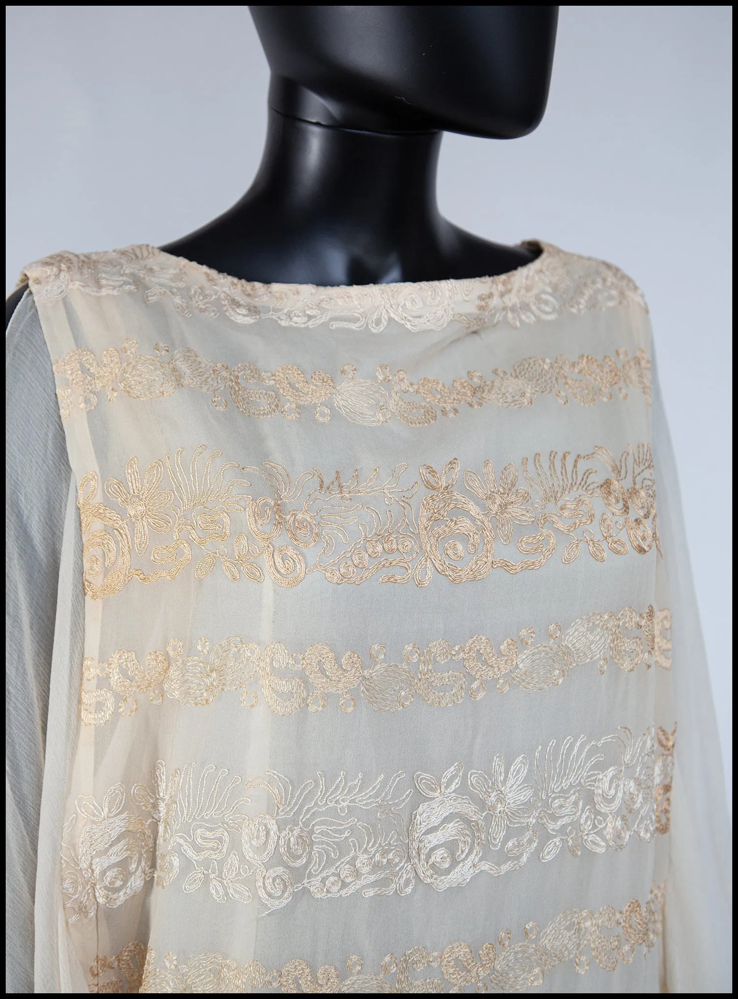 Vintage 1920s Cream Silk Chiffon Embroidered Dress