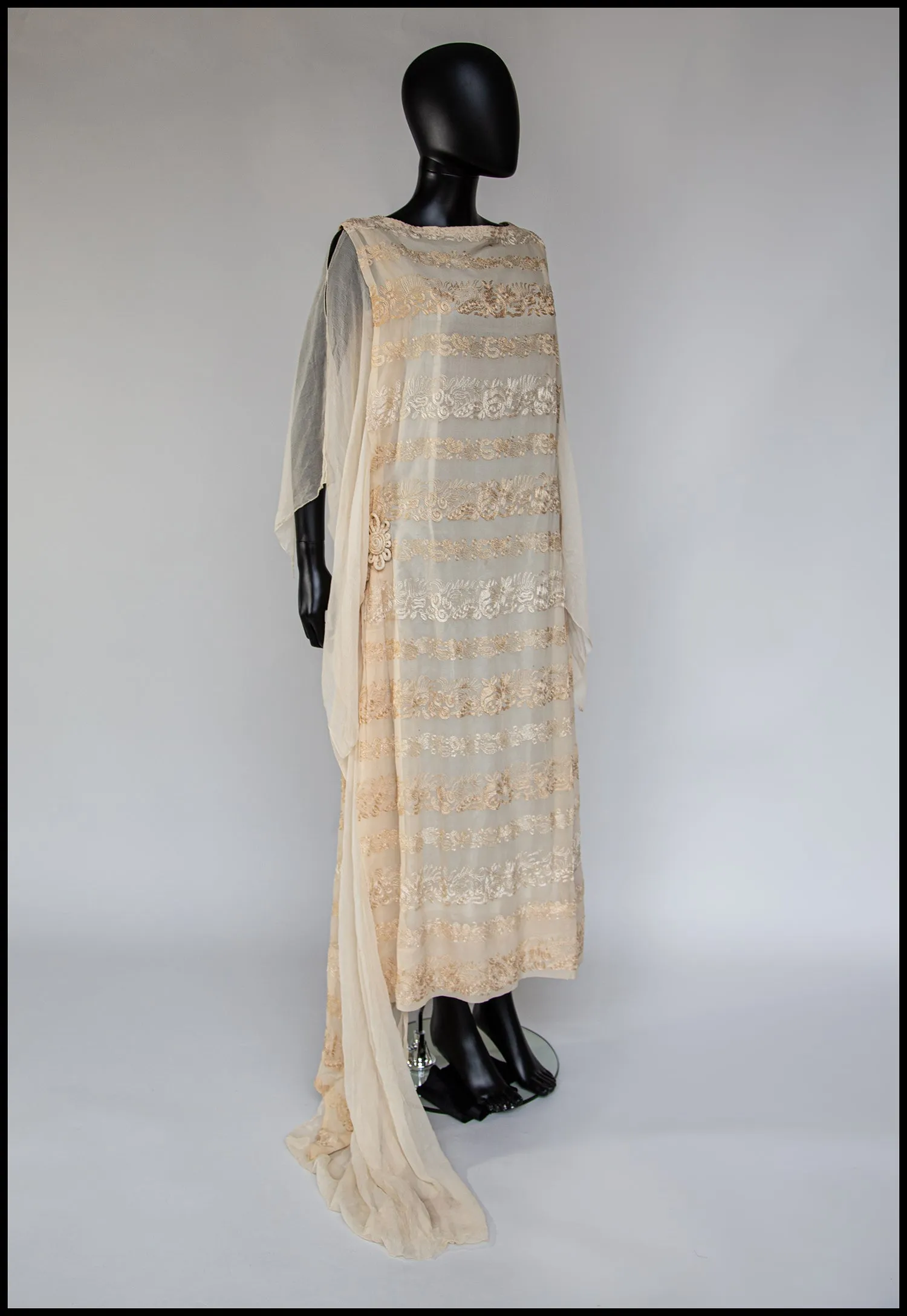 Vintage 1920s Cream Silk Chiffon Embroidered Dress