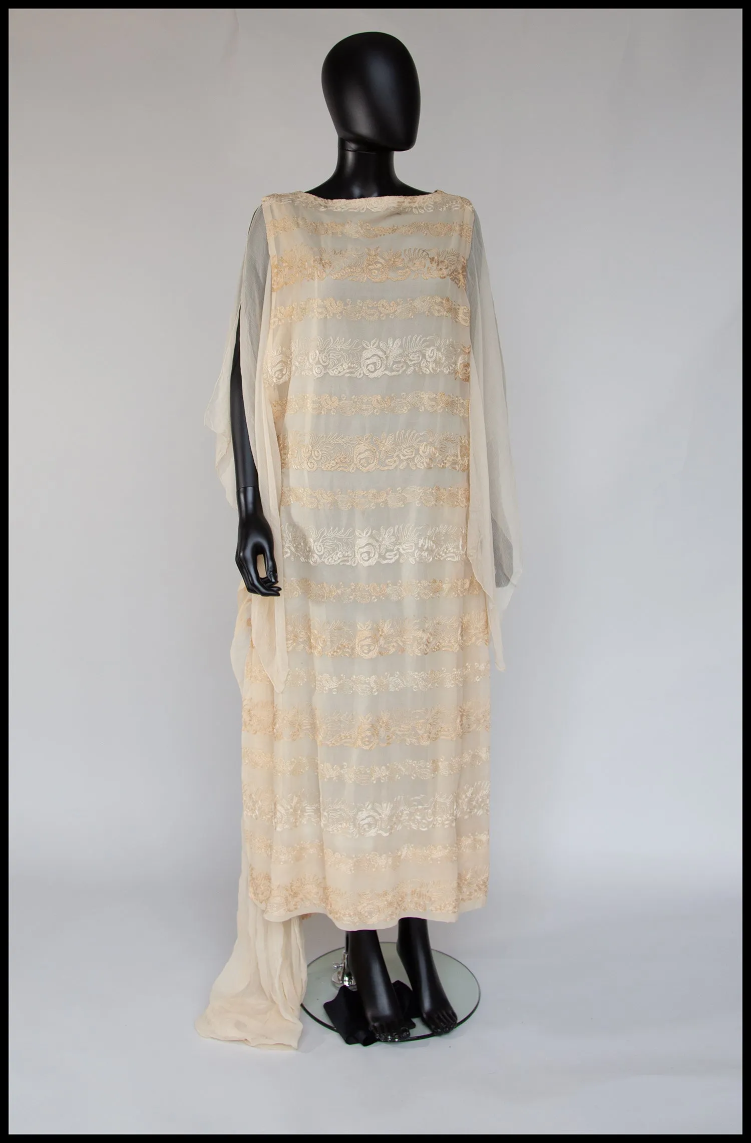 Vintage 1920s Cream Silk Chiffon Embroidered Dress