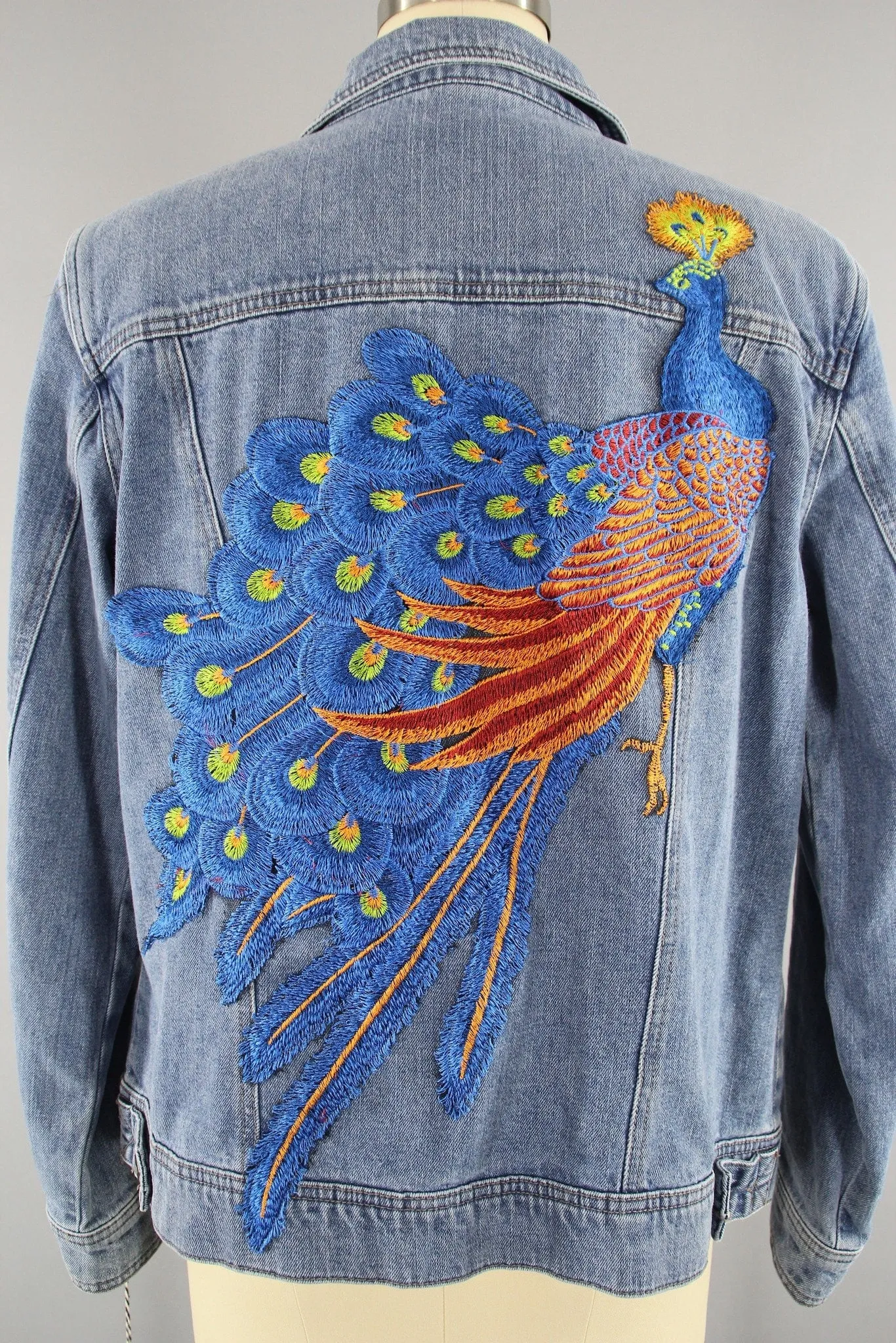 Vintage Style Denim Jacket with Royal Blue Peacock Embroidery