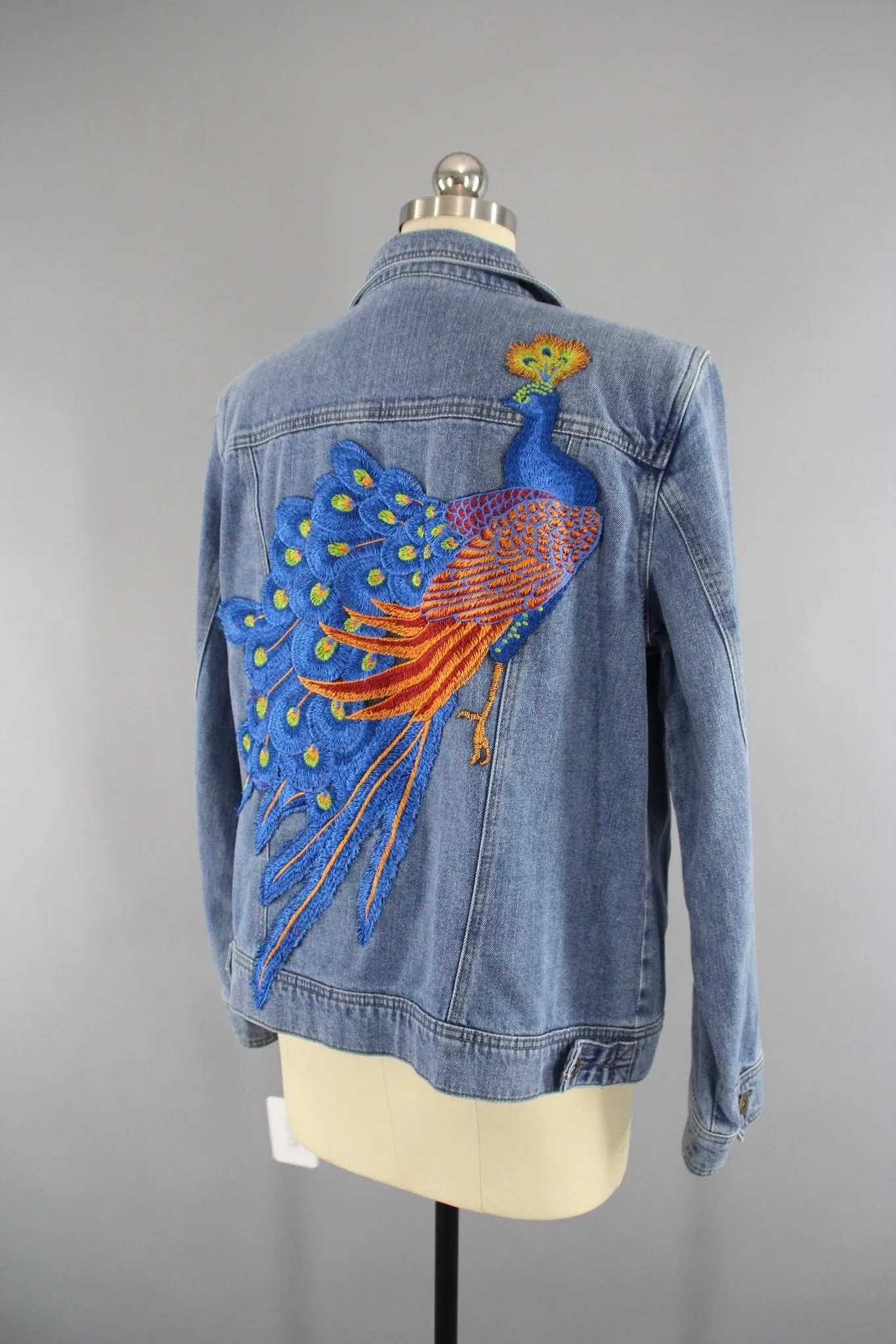 Vintage Style Denim Jacket with Royal Blue Peacock Embroidery