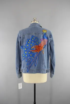 Vintage Style Denim Jacket with Royal Blue Peacock Embroidery