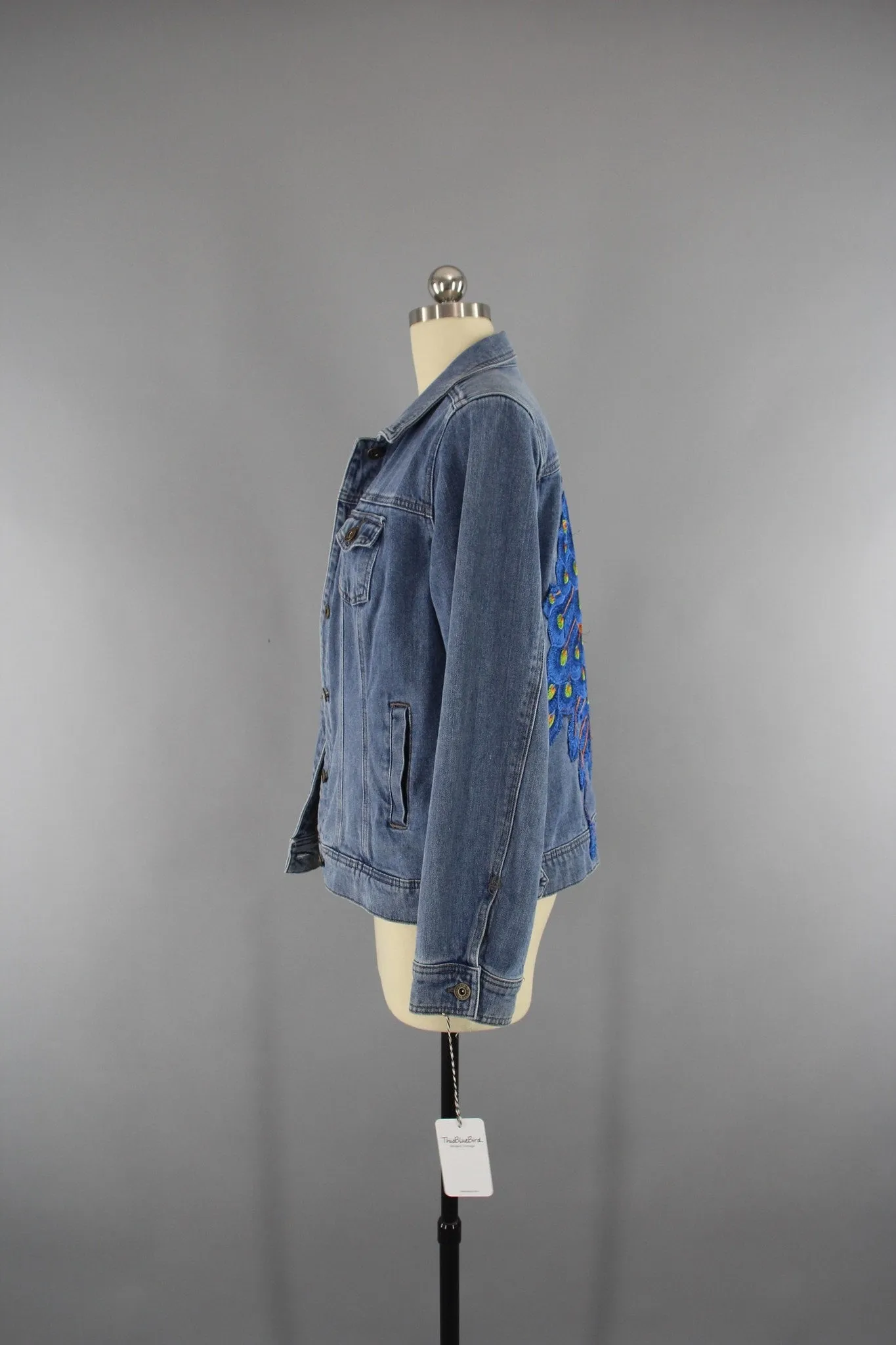 Vintage Style Denim Jacket with Royal Blue Peacock Embroidery