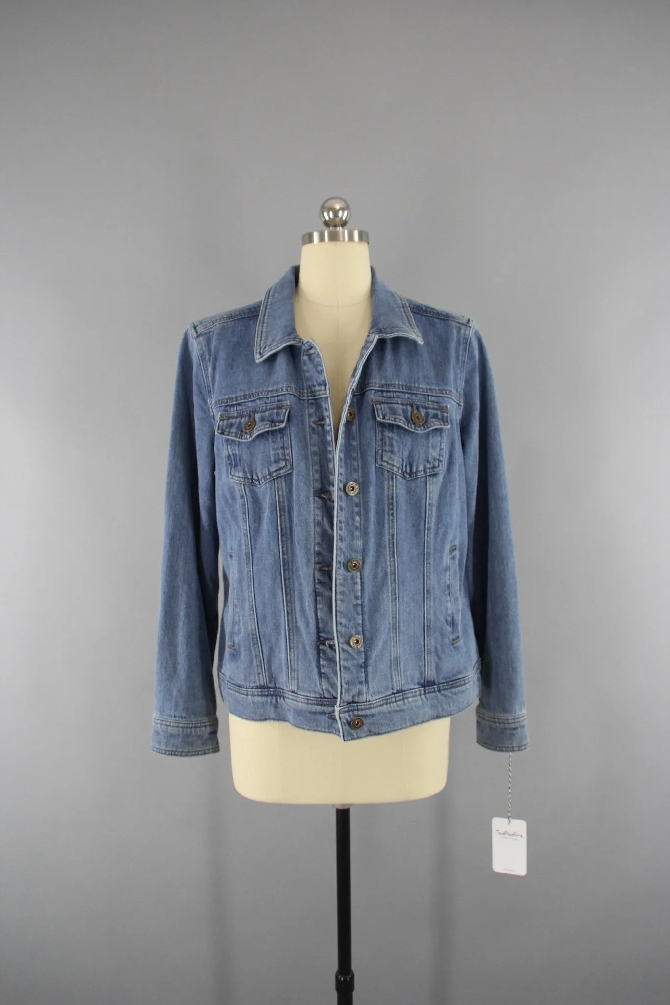 Vintage Style Denim Jacket with Royal Blue Peacock Embroidery