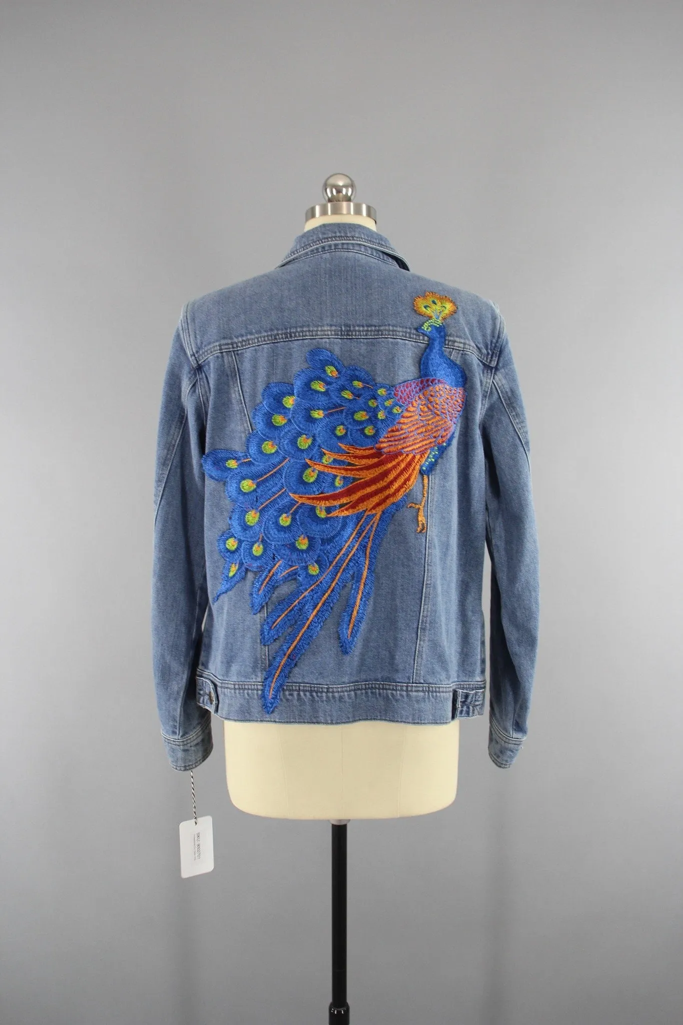 Vintage Style Denim Jacket with Royal Blue Peacock Embroidery