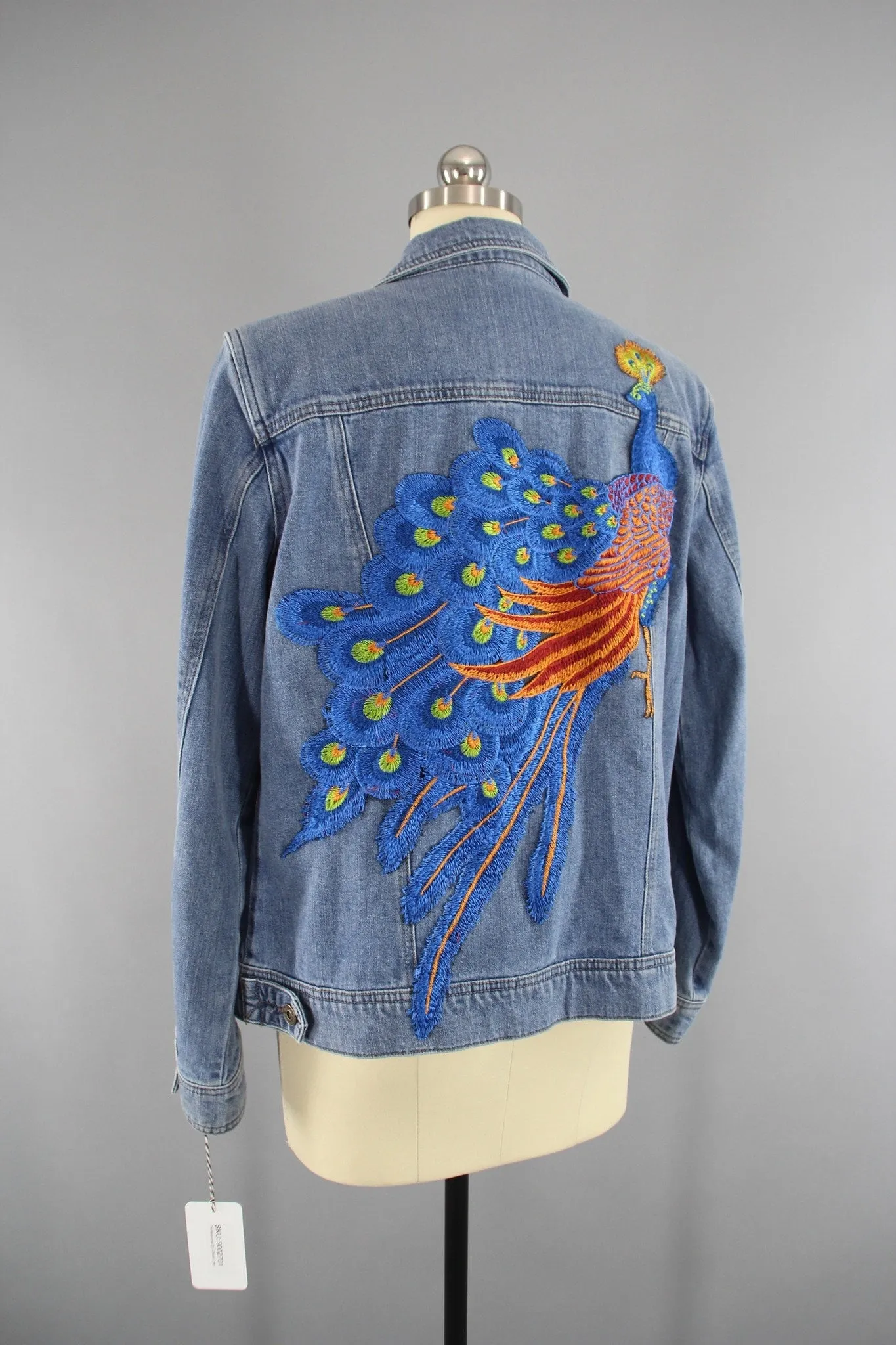 Vintage Style Denim Jacket with Royal Blue Peacock Embroidery