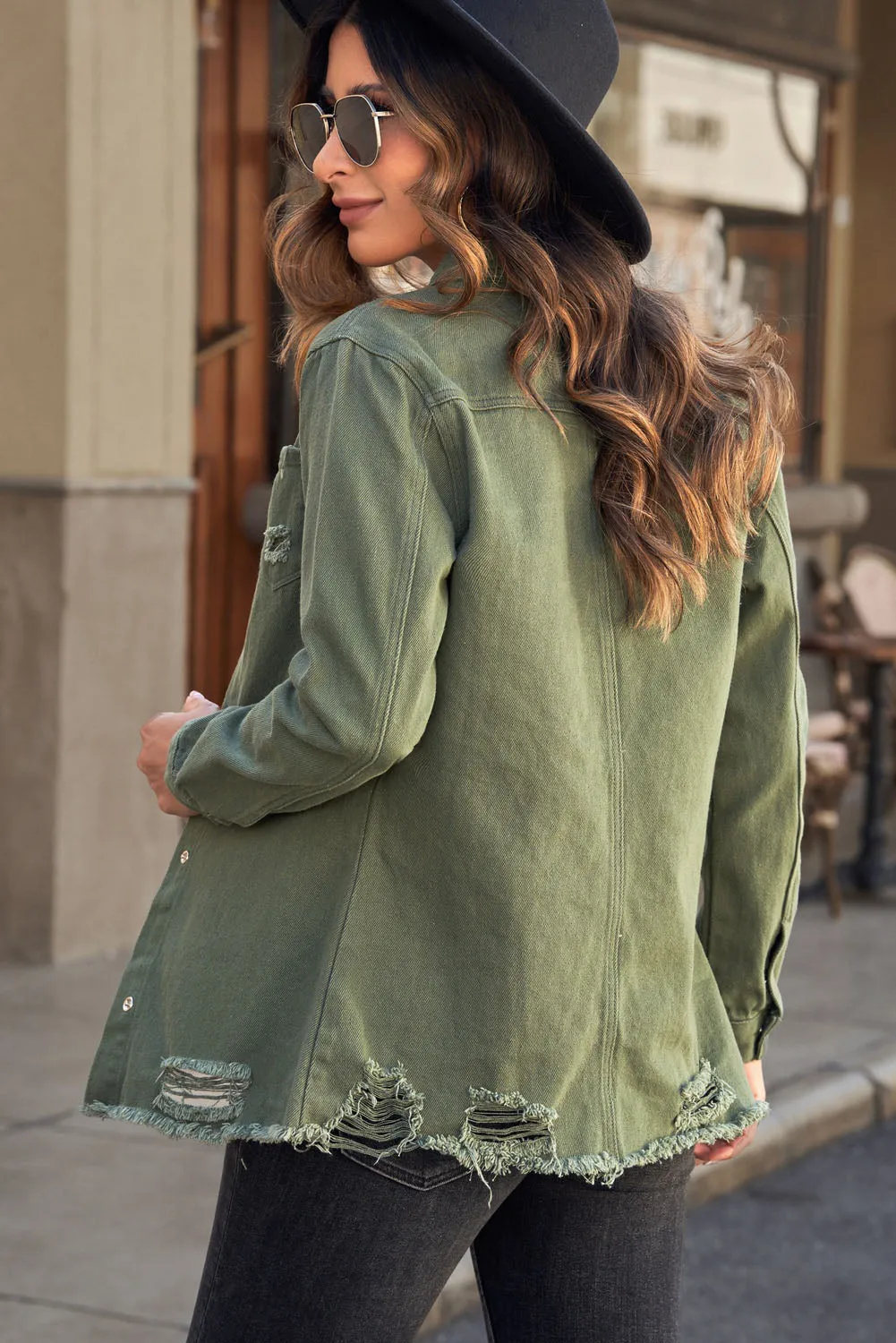 White Distressed Snap Down Denim Shirt/Jacket