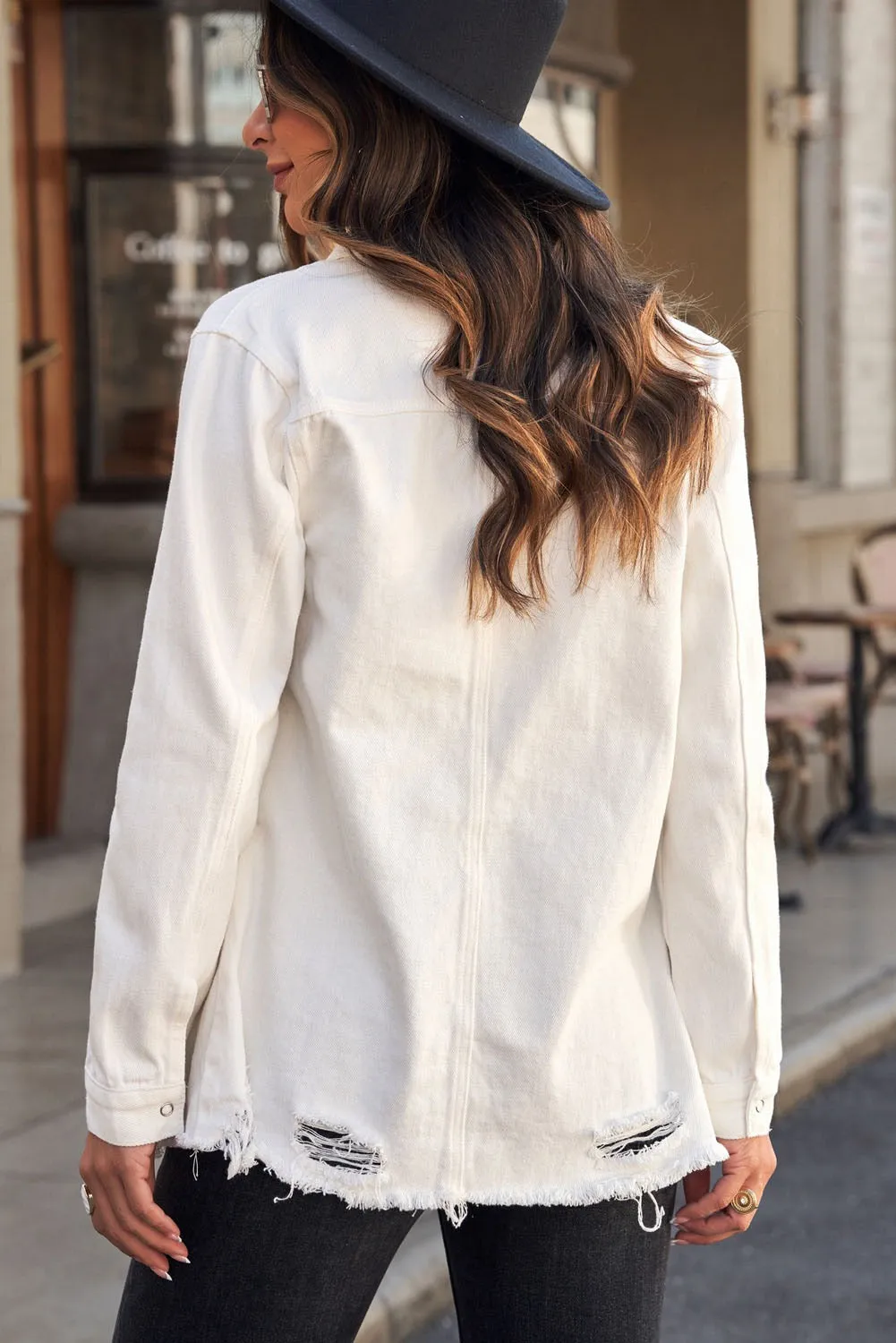 White Distressed Snap Down Denim Shirt/Jacket