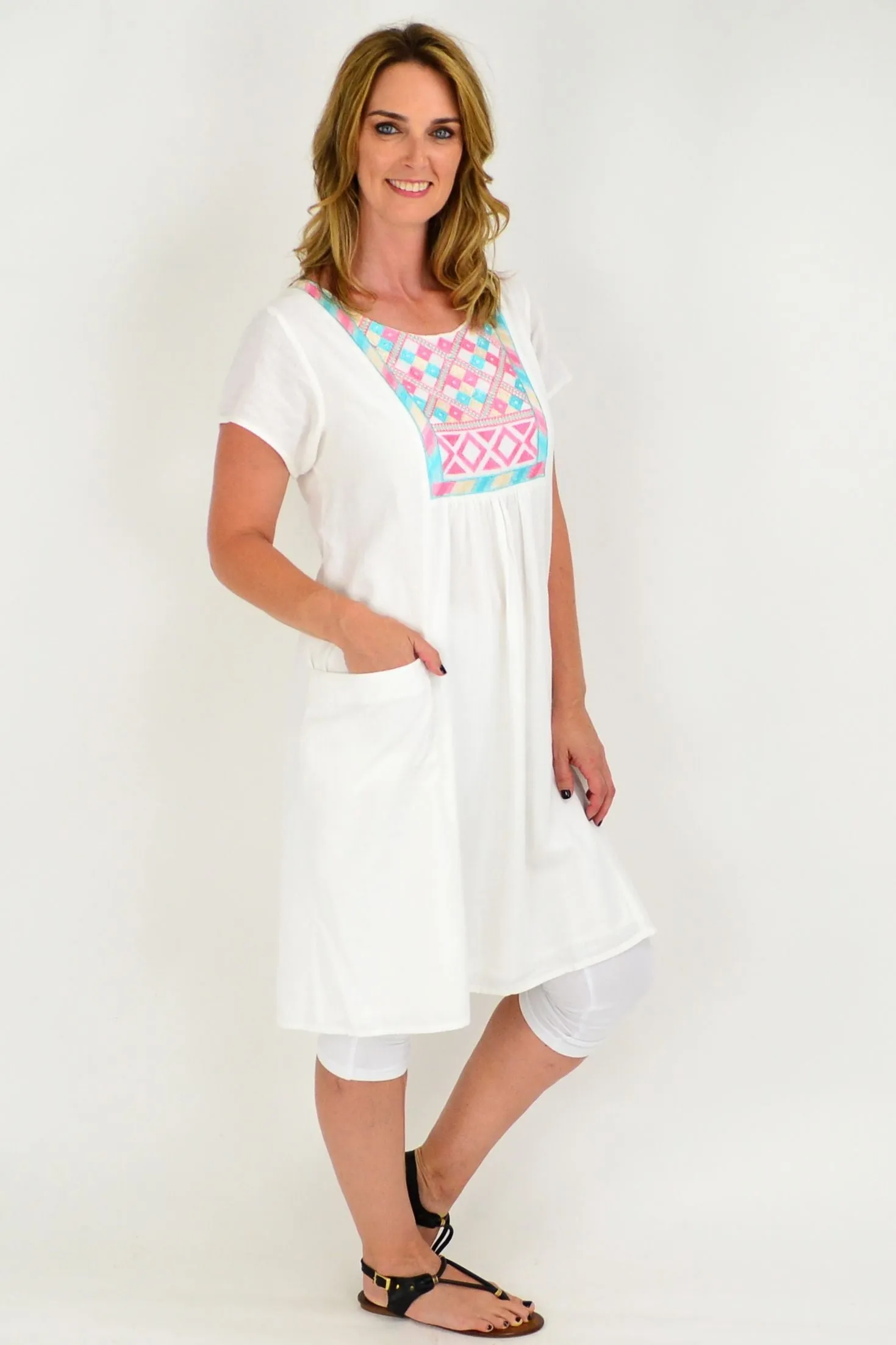 White Embroidered Linen Cotton Tunic Dress